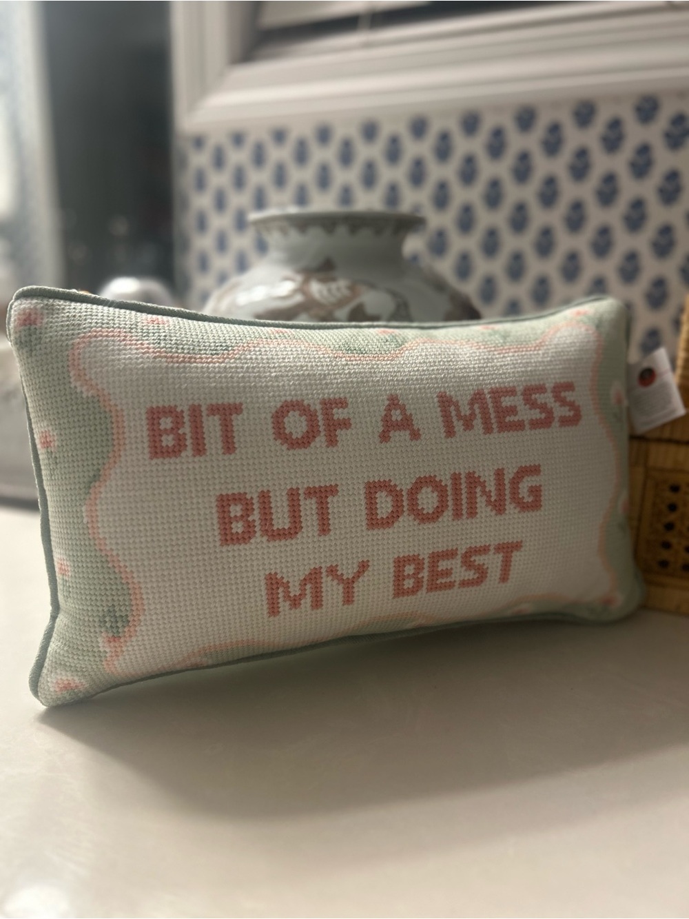 Needlepoint Pillow - "Bit of a Mess But Doing My Best" - Mint & Coral